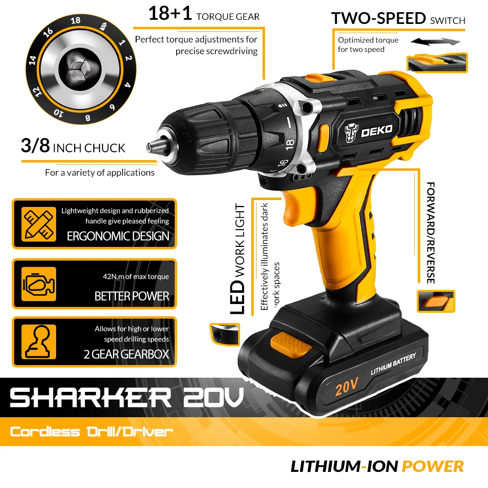 DEKO DKCD20FU 20V Taladro inalambrico pequeeno Bateria de Ion tio 3/8 дюйма DC Electronico|Электрические дрели| |