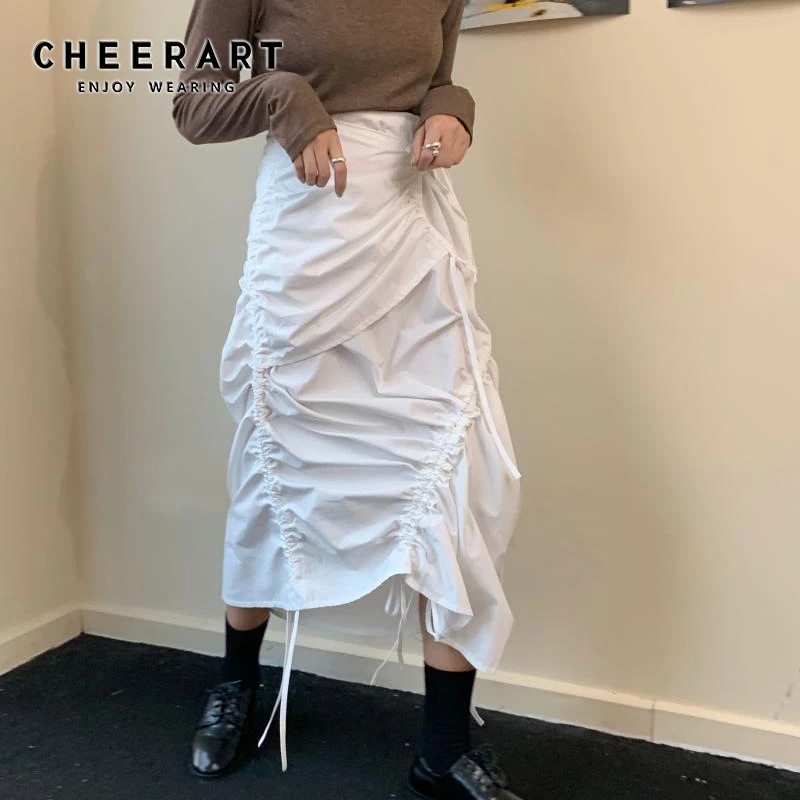 

CHEERART Wrinkle Wrap Skirt Women Cotton A Line Long Lace Up Skirt White Black High Waist Designer Korean Skirt 2020