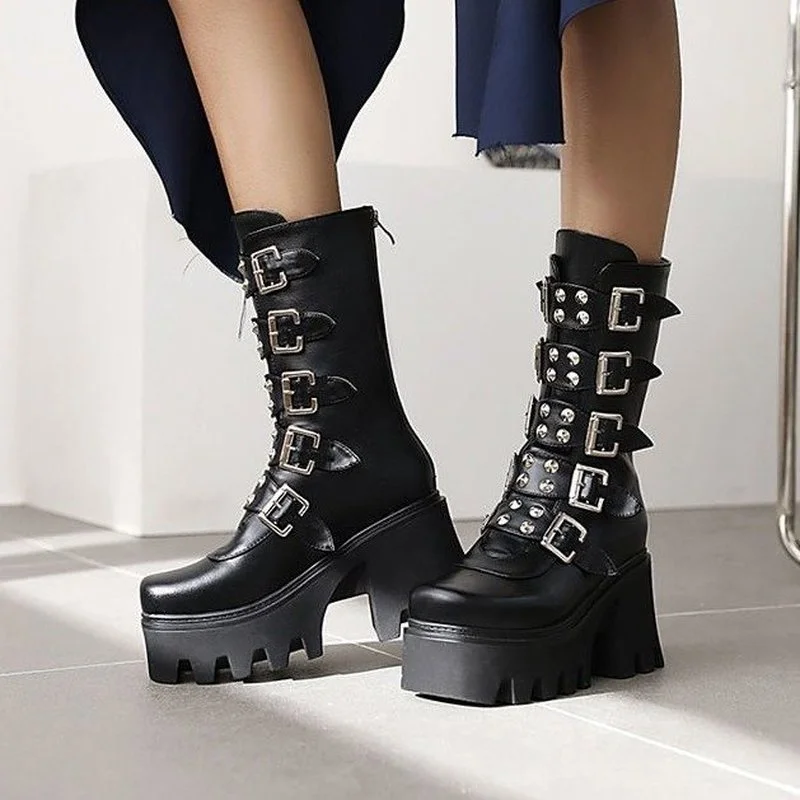 Brand Design Big Size 43 Black Gothic Style Cool Punk Motorcycles Boots Female Platform Wedges High Heels Calf Women Shoes | Обувь