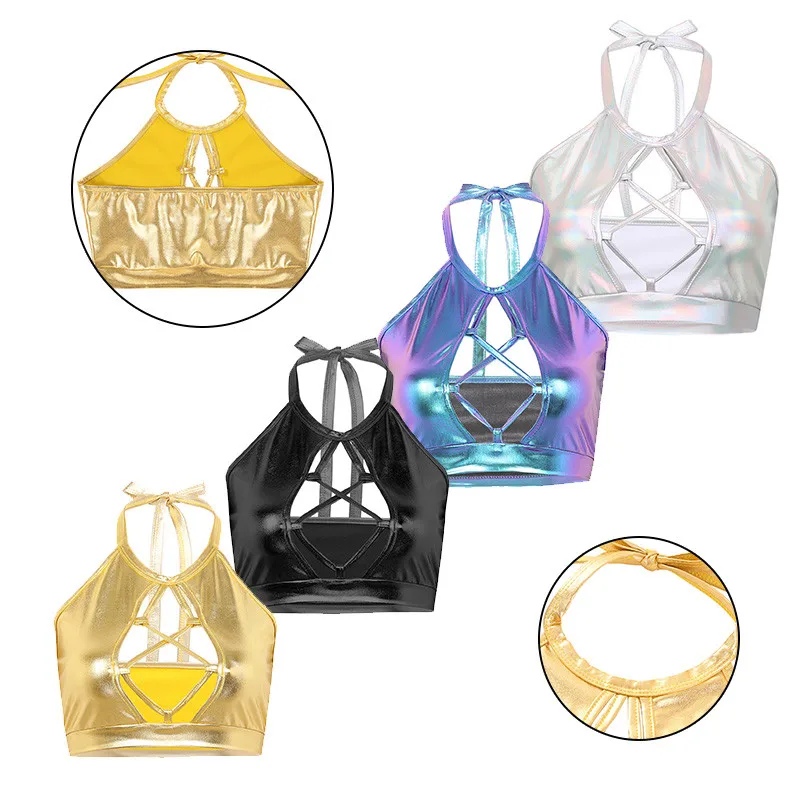 Women Sexy Bikini Bra Crop Top Wetlook Metallic Halter Front Hollow Backless Tops Swimwear Nightclub Party Festival Rave Costume