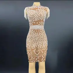 Short Sleeve Mesh Transparent Pearl Evening Sleeveless Crystals Chains Dress Women Celebrate Costume Dancer Stretch Costume