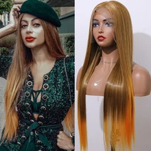 EEWIGS Glueless 13x6 парик фронта шнурка коричневый цвет прямой синтетический парик фронта шнурка блонд Ombre Оранжевый Парики высокая температура волос