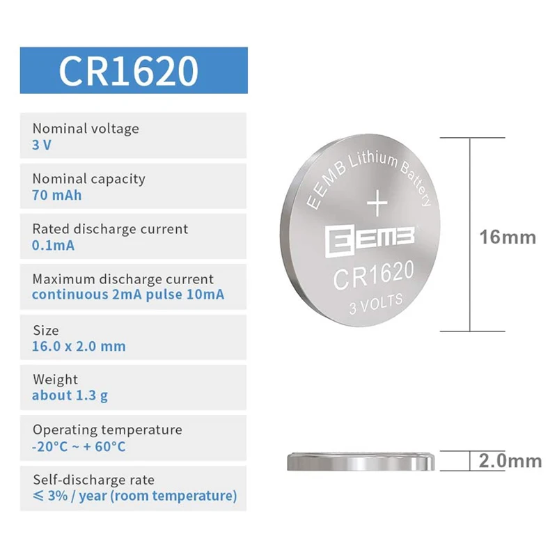 PKCELL CR1620 Lithium 3V Coin Cell Batteries, 10Pcs CR1620