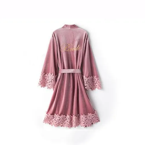 Embroidery Velour Lace Kimono Bathrobe Gown Letter Bride Bridesmaid Wedding Robe Sexy Sleepwear Intimate Lingerie Nightwear