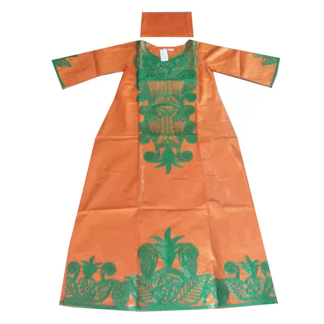 MD African Dresses For Women Traditional Dashiki Embroidery Maxi Dress Bazin Riche Ankara Robe Turban Women's Clothing 2021 Orange