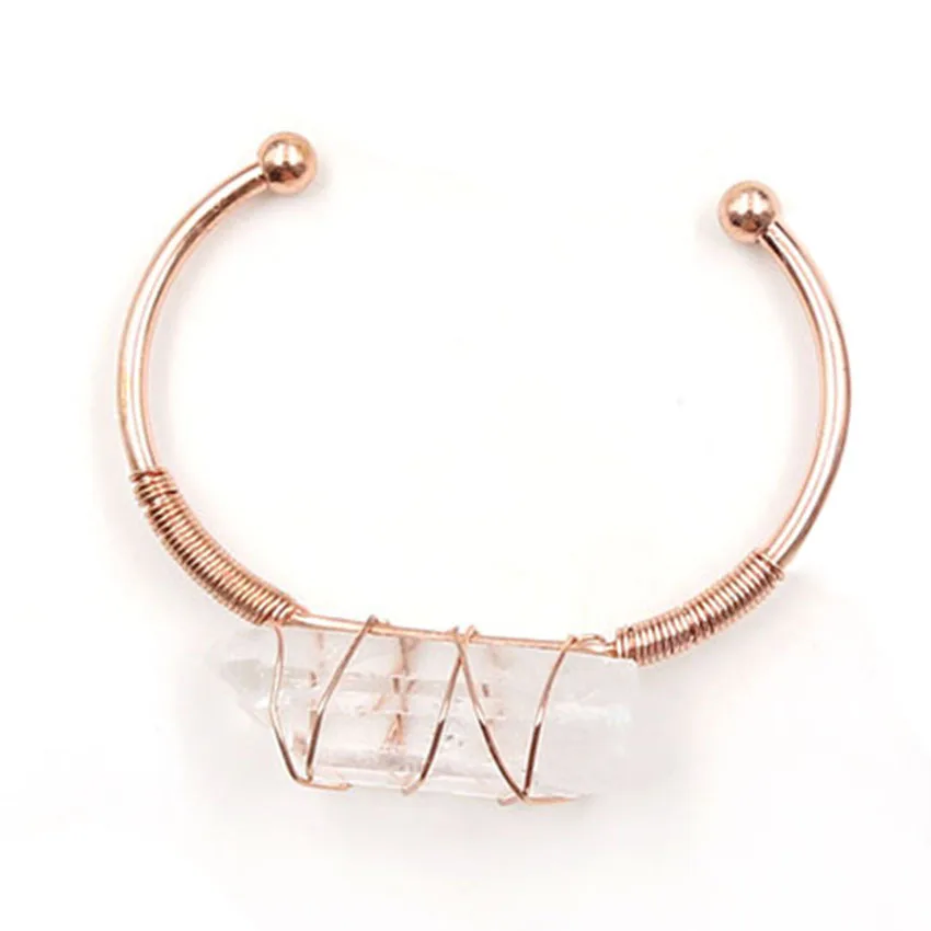 Wire wrap необработанный минеральный кристалл камень Браслеты Натуральный Камень прозрачный кварц браслеты открытые манжеты медные браслеты женские ювелирные изделия - Окраска металла: Rose Gold Plated