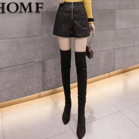 Женские летние шорты из искусственной кожи с высокой талией, широкие шорты для женщин размера плюс, черные короткие штаны с карманами на молнии DV788
