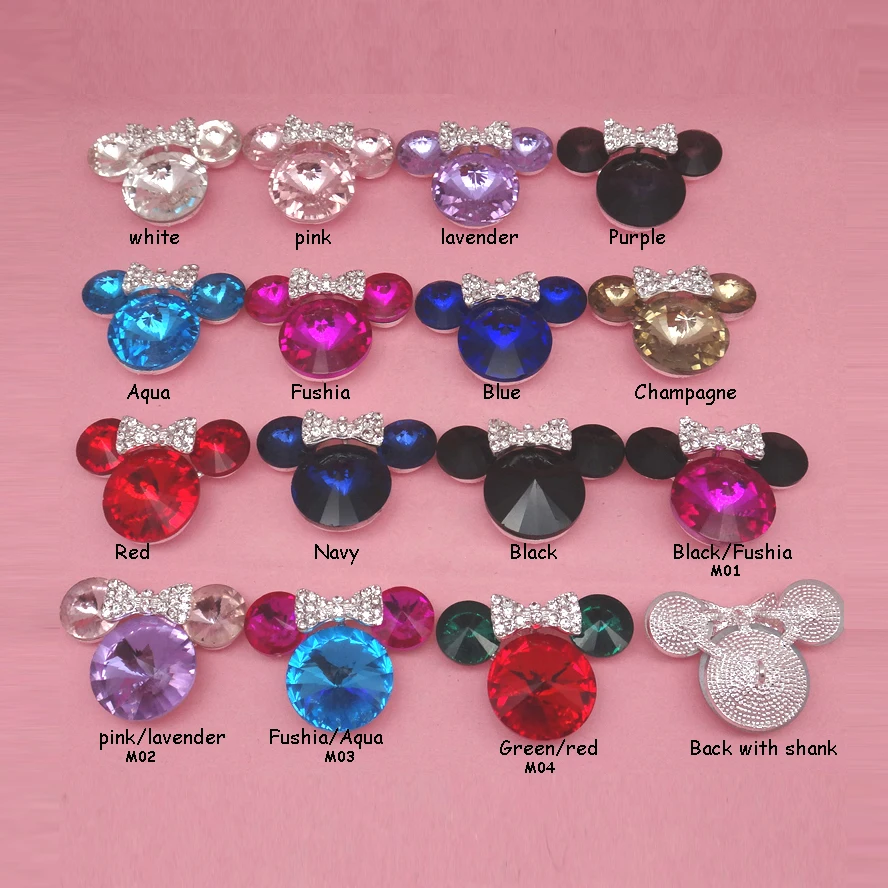 

23x31mm 16colors Minnie Mouse with bow Bling rhinestone alloy button with shank for hair bow center 30pcs RMM201