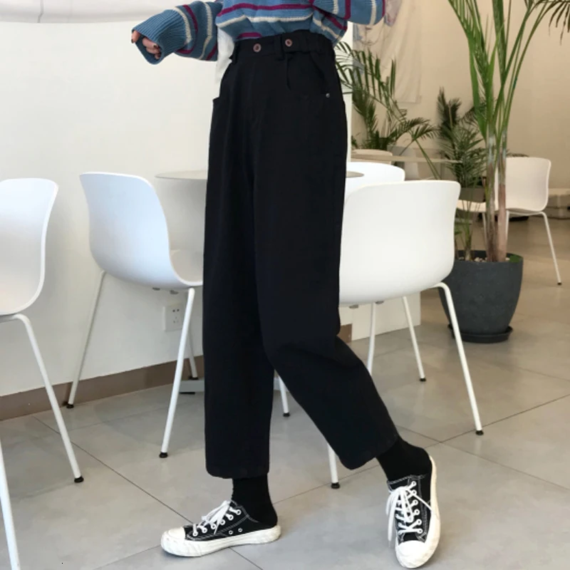Женский корейский стиль Ulzzang Harajuku BF Свободные с высокой талией черные джинсы длиной до щиколотки женские студенческие повседневные шаровары