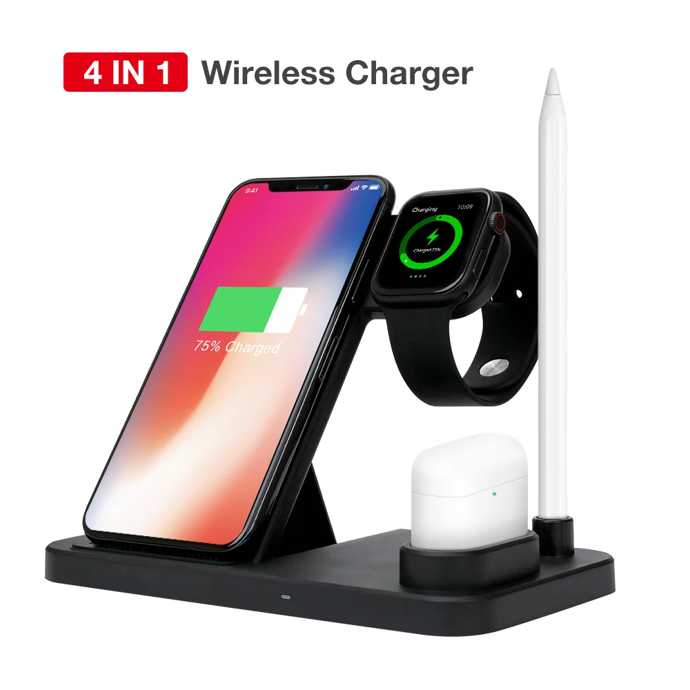 4 в 1 10 Вт Qi Беспроводное зарядное устройство для iPhone XS XR X 8 Airpods Apple Watch 3 2 быстрая