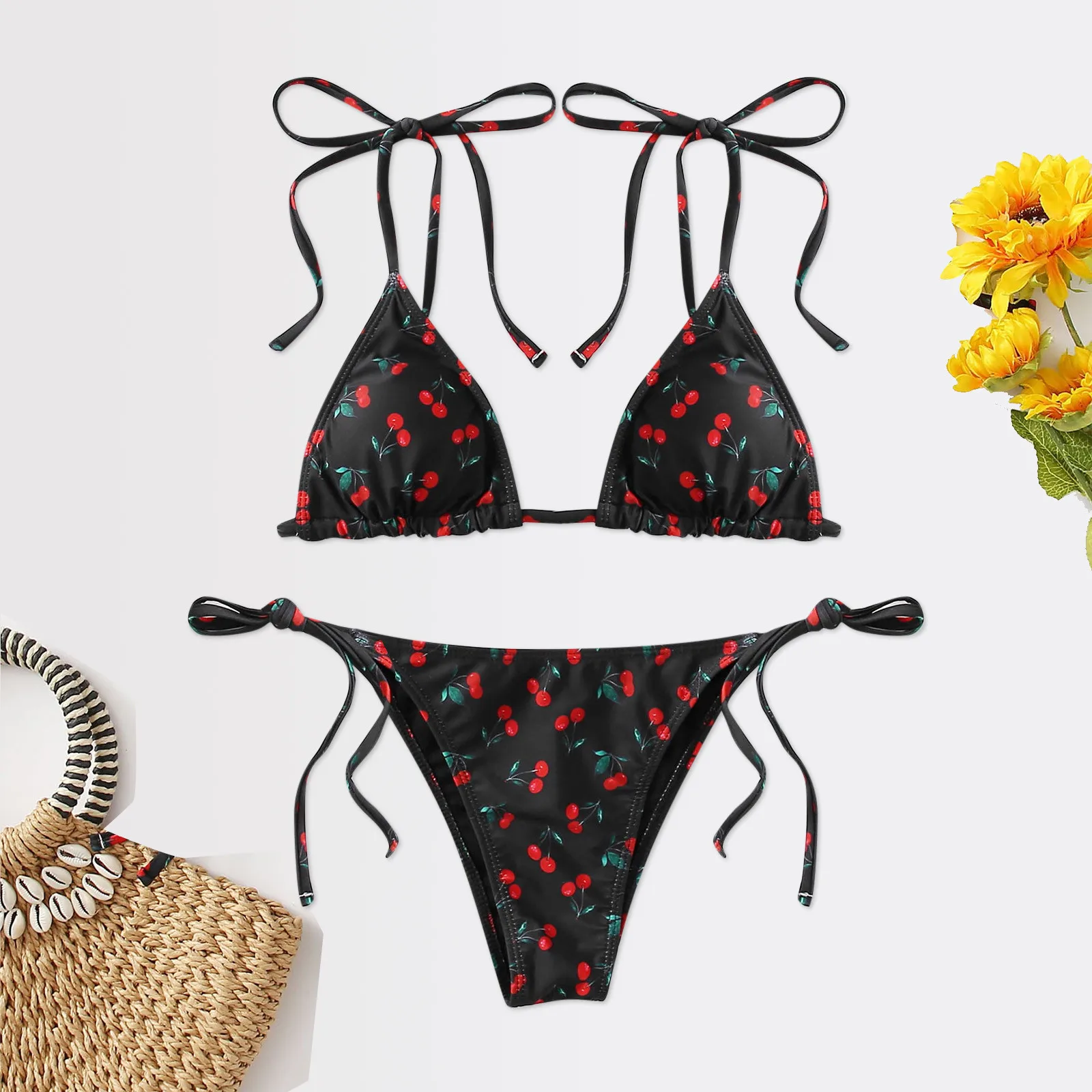 Conjunto de Bikini con estampado de cerezas para mujer, ropa de baño Sexy, traje de baño de realce, bañador de vendaje, Bikini 2021
