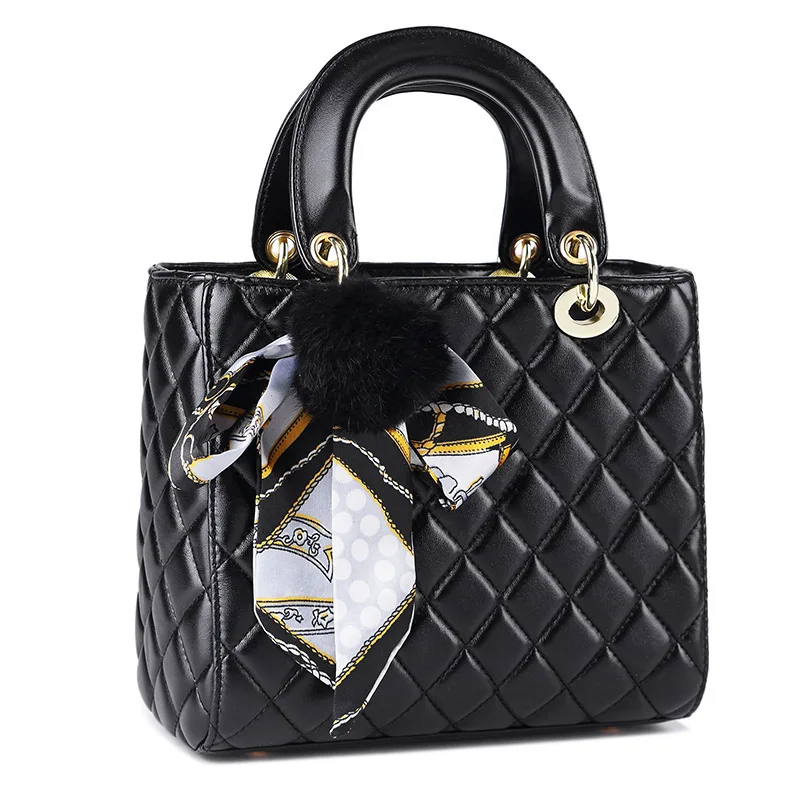 

8002 Rhombus 2019 Spring And Summer-Korean-style Diana Bag WOMEN'S Bag Hand Silk Scarves Fur Ball Bag Maomao Bag