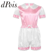Гей мужчины Сисси шелковистый атласный белье кукла воротник короткие пышные рукава Обрезанные кружева комбинезон взрослый ребенок крест комод платье костюм