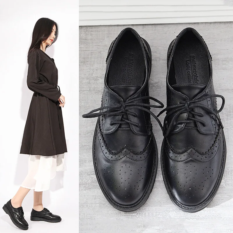 

England Small Leather Shoes Women's 2020 Spring New Style Black And White with Pattern round-Toe Lace-up Single Shoes Student Fl