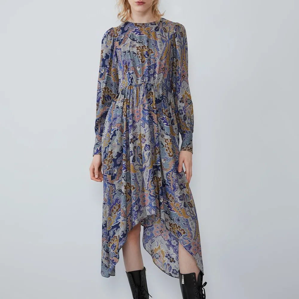 

2019 ZA WOMEN'S FASHION ASYMMETRIC FLORAL PRINTED DRESS ROUND NECK FLOWLY DRESSES FOR GIRLS XS S M L