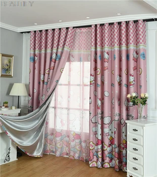 

Kt Cat Full Blackout Curtain Cloth Cartoon Cat Child French Window 2~3times of The Window Width 1 Piece Curtain or 1 Piece Tulle