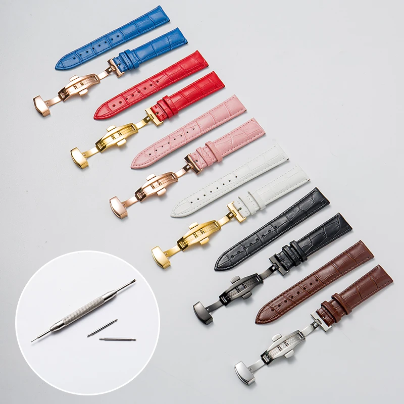 

Six-color Leather Strap Universal Watch Steel Butterfly Buckle Strap Belt Wrist Strap + Tools
