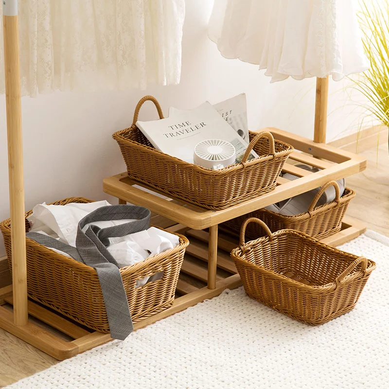 

Portable Imitation Rattan Storage Basket Rectangular Plastic Sundries Finishing Basket Bathroom Dirty Hamper Basket Organizer