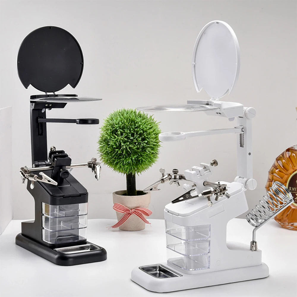 Soldering Iron Welding Magnifying Glass 2 LED 3X 4.5X 25X Helping Hand Rework Magnifier with 3 Tools Boxes Desk Station Repair
