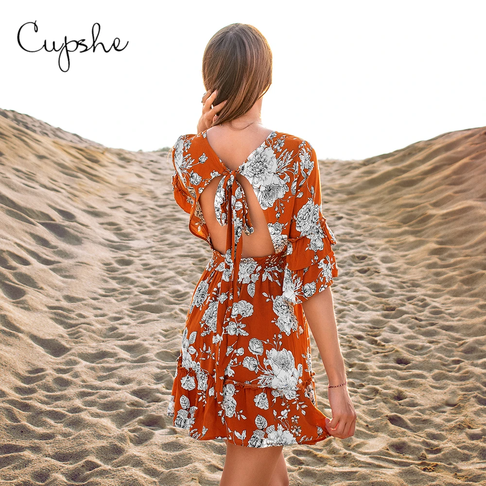 

CUPSHE Red Floral Ruffle Mini Dress Woman Sexy V-neck Backless Lace Up Long Sleeve Dresses 2019 Beach Summer Sundress Vestidos
