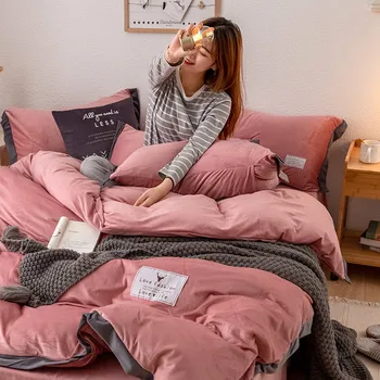 

4pcs Set Flannel Solid Color Bedding Set Winter Thicken Pink King Size Bed Sheet Duvet Cover Bedcover Double Pillowcases Spread