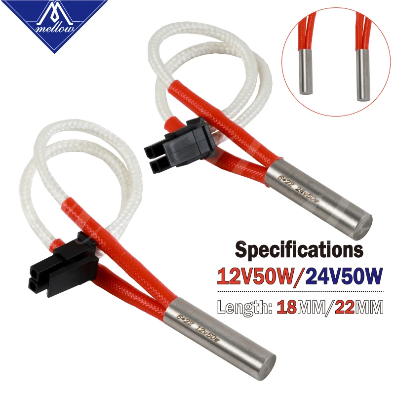 Mellow-3D 프린터 부품 히팅 튜브, 12V/24V 50W 고온 6x18/22mm 카트리지 히터 NF-Crazy Hotend Mosmax V6 용