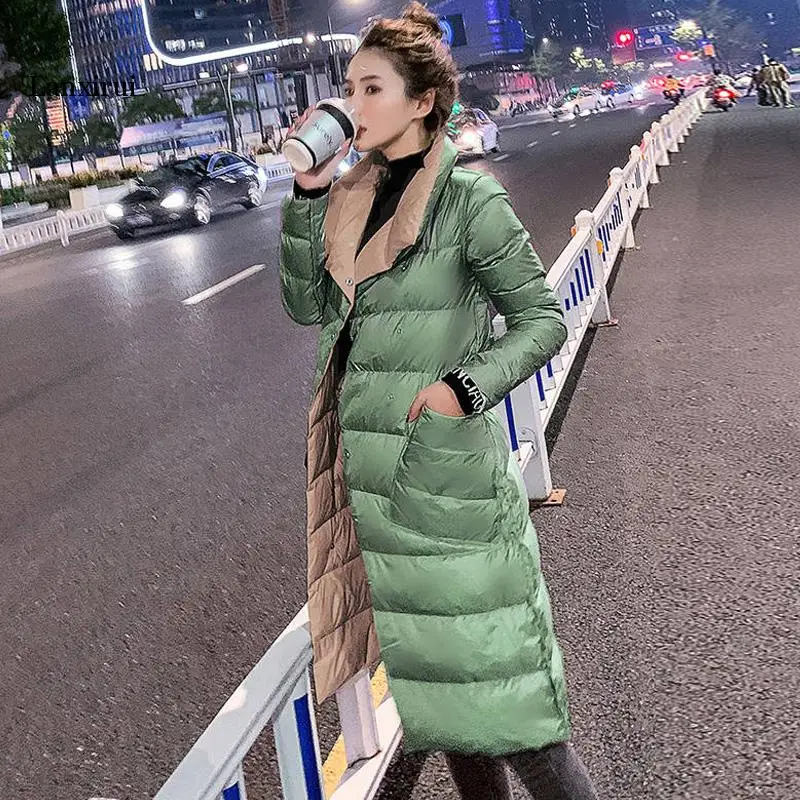 

Women Double Sided Down Long Jacket Winter 90% White Duck Down Coat Double Breasted Warm Parkas Snow Outwear