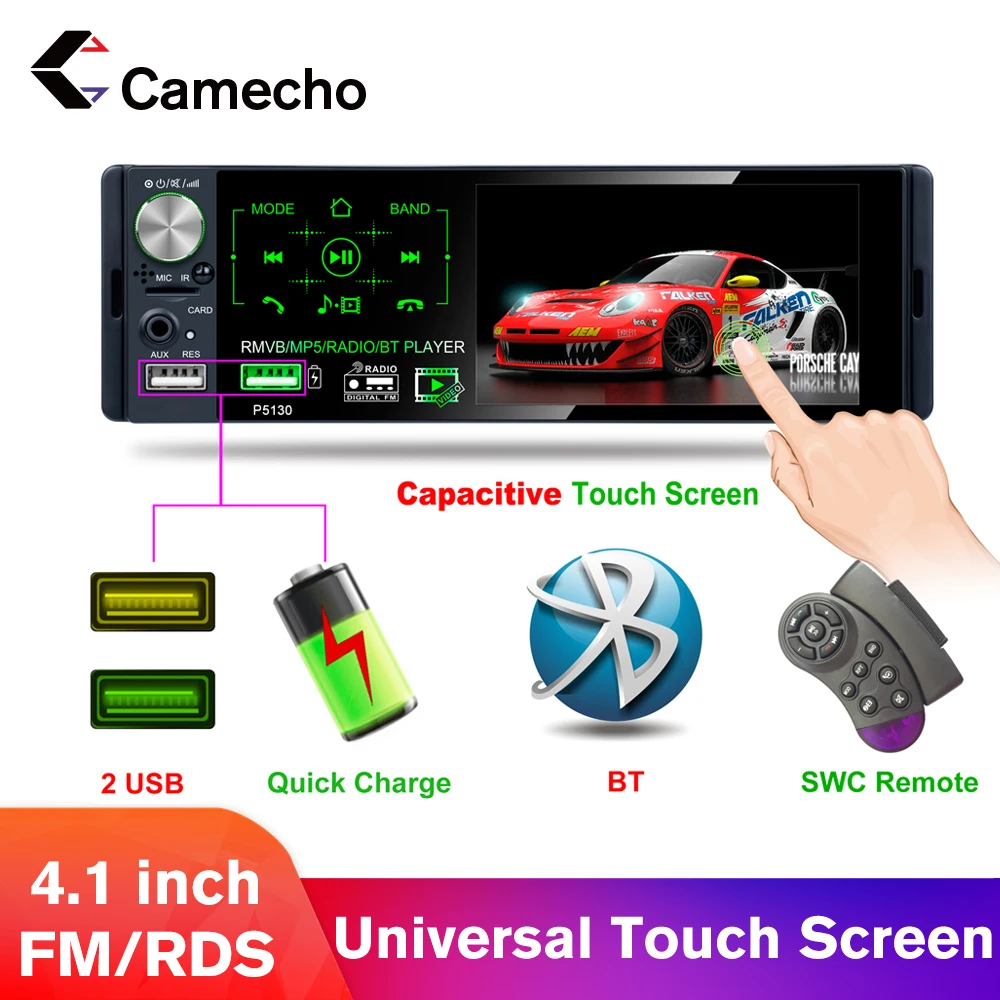 Camecho 4.1" 1 Din Car Radio Bluetooth Touch Screen Autoradio RDS USB AUX MP5 Video Player MP3 Auto Audio Stereo Rearview Camera