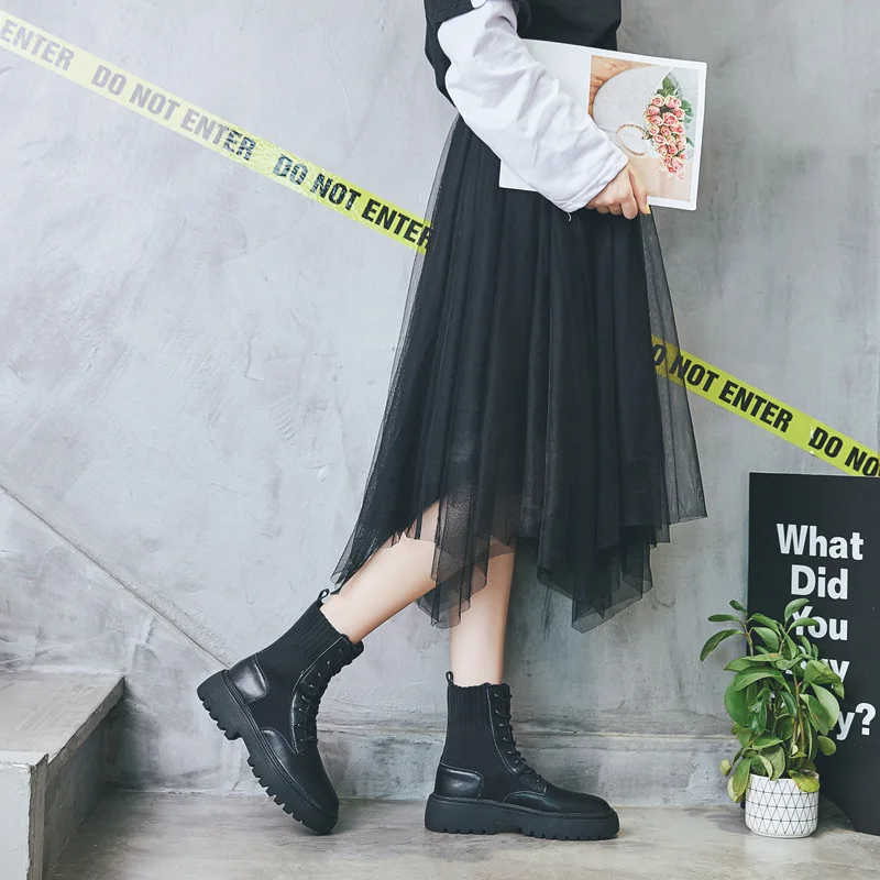 

British-Style Retro Elasticity Martin Boots 2019 Autumn And Winter New Style Thick Bottomed Casual Versatile Women's Boots Black