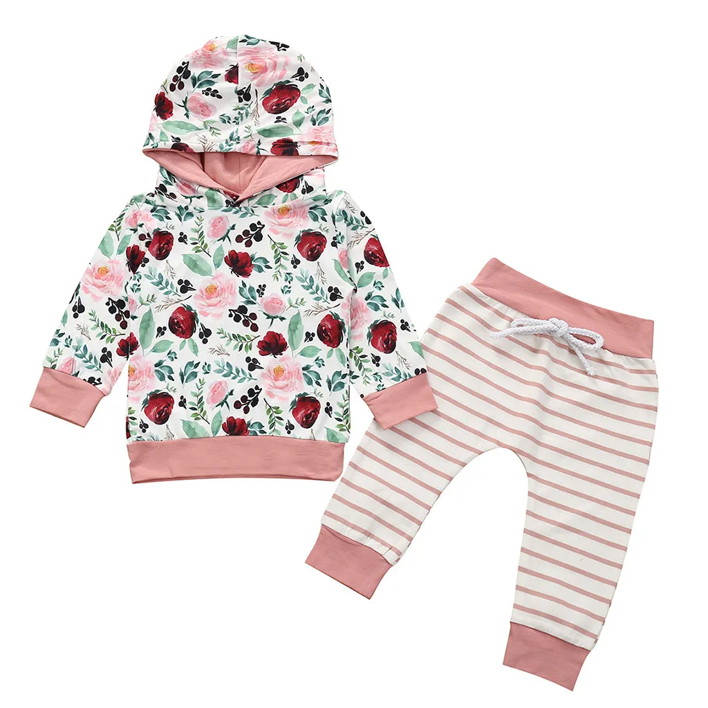 Multicolor Детская одежда с капюшоном из 2 предметов пуловер с капюшоном и цветочным рисунком для новорожденных мальчиков и девочек топы+ модные штаны в полоску Повседневная одежда для малышей - Цвет: Multicolor