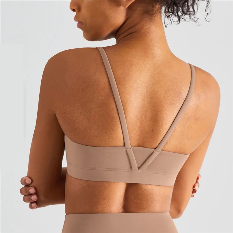 Solid Color Women Fitness Bra Thin Shoulder Strap Sport Tight Tank Top Gym Beauty Yoga Vest Cross Cutout Beauty Back Chest Pad