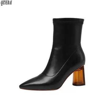 

QZYERAI Ankle boots fashion Genuine leather Female boots Women's boots Crystal high-heeled Women's shoes Size 34-39
