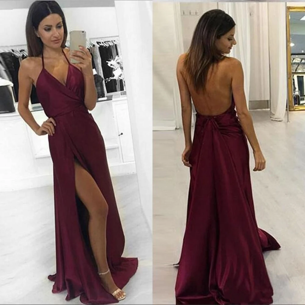 burgundy backless prom dress