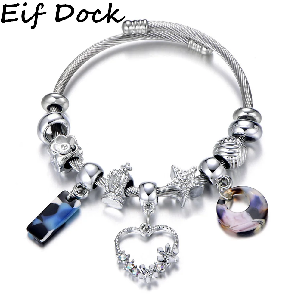 

Dropshipping Crystal Flower Heart Charm Bracelet Silver Color Crown Star Beads Brand Bracelets & Bangles Fashion Jewelry Gift