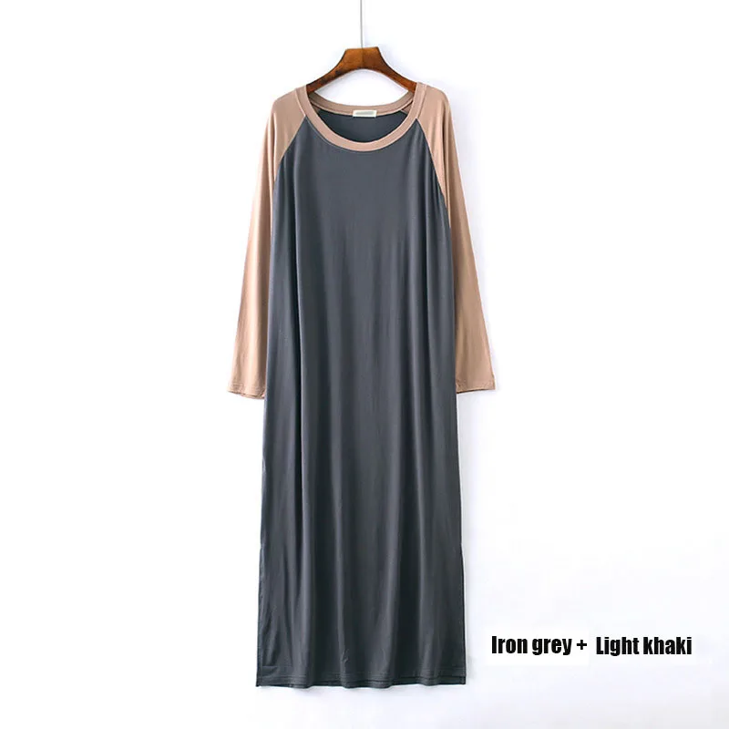 Iron gray khaki Осенняя ночная рубашка больших размеров, женская простая ночная рубашка, мягкая ночная рубашка из модала, женское спальное платье с длинным рукавом и круглым вырезом - Цвет: Iron gray khaki