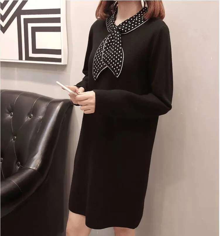 

Fashion Autumn Winter Women Bot Print Bow Sweater Dress Female Pullover Knit Sweaters Dresses Plus Size 3XL Jumper Pull Femme