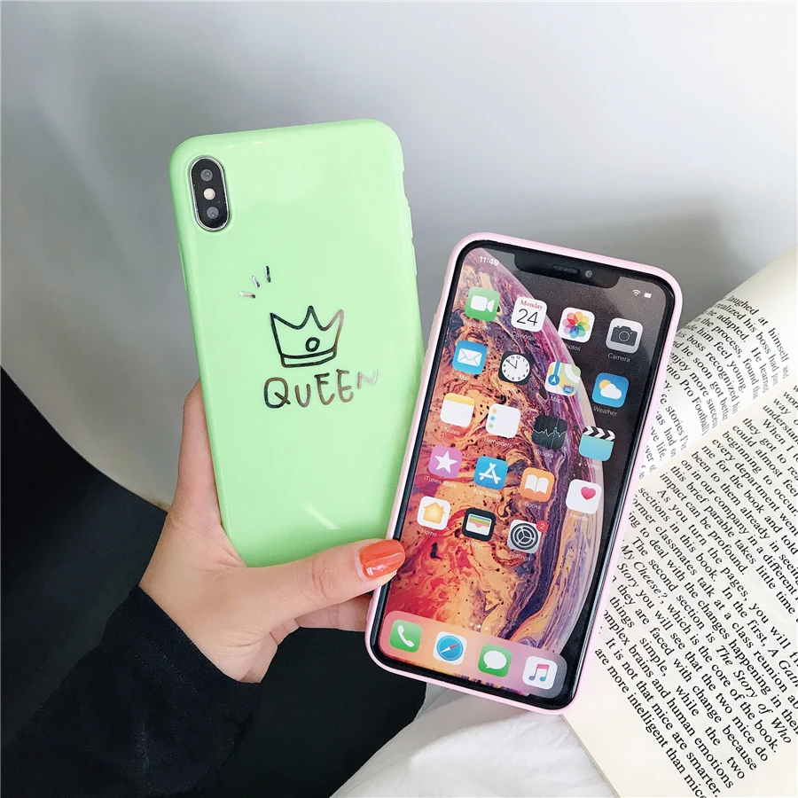 Роскошный чехол для пары для iPhone 6, 6s, 7, 8 Plus, глянцевая корона, король, королева, буквы, мягкий ТПУ чехол для iPhone X, XS, чехол для MAX XR Capa