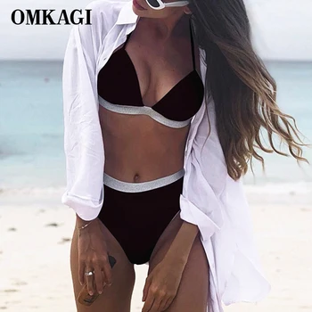 

OMKAGI High Waist Bikini 2020 High Cut Swimsuit Swimming Womens Bathing Suits Push Up Sexy Biquini Solid Bikini Swimwear Women