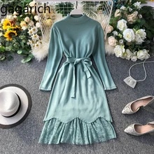 Gagarich женское платье осень стиль Корейская версия длинный рукав сетка боковой Пояс Талия Твердые женские платья
