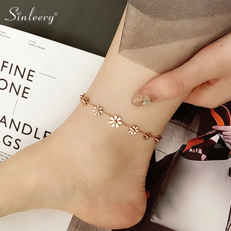 SINLEERY Stainless steel anklets Flower Bells Drop Rose Gold Color beach jewelry accessoire plage femme summer jewelry JL012 SSK