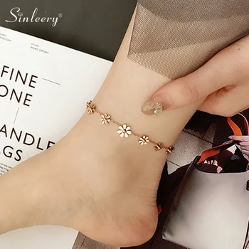 SINLEERY Stainless steel anklets Flower Bells Drop Rose Gold Color beach jewelry accessoire plage femme summer jewelry JL012 SSK