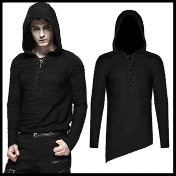 

PUNK RAVE Men Punk Rock Stripe Knitted Shirt Irregular Long Sleeve Hooded T-Shirts Personality Men Streetwear Tops Tees