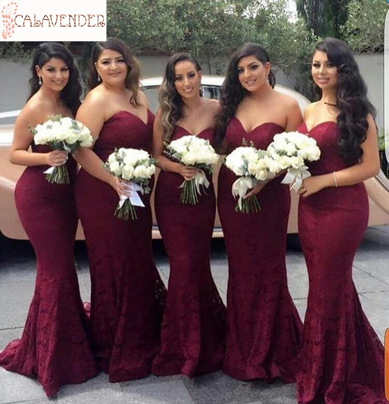 

Burgundy Lace Bridesmaid Dresses Mermaid Sweetheart Robe Demoiselle D Honneur Femme with Zipper Up Spring Wedding Guest Gowns