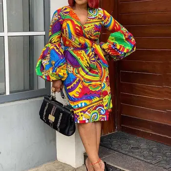 

Large Size Female Printing Madi Dress Casual Elegant Party Office Lady Lantern Sleeves V-Neck Standard-Waist Color Block Dress