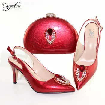 

Nice Wedding/Party Pumps With Purse Latest Red Spring/Autumn Thin Heel Shoes And Bag Set CR892, Heel Height 8CM