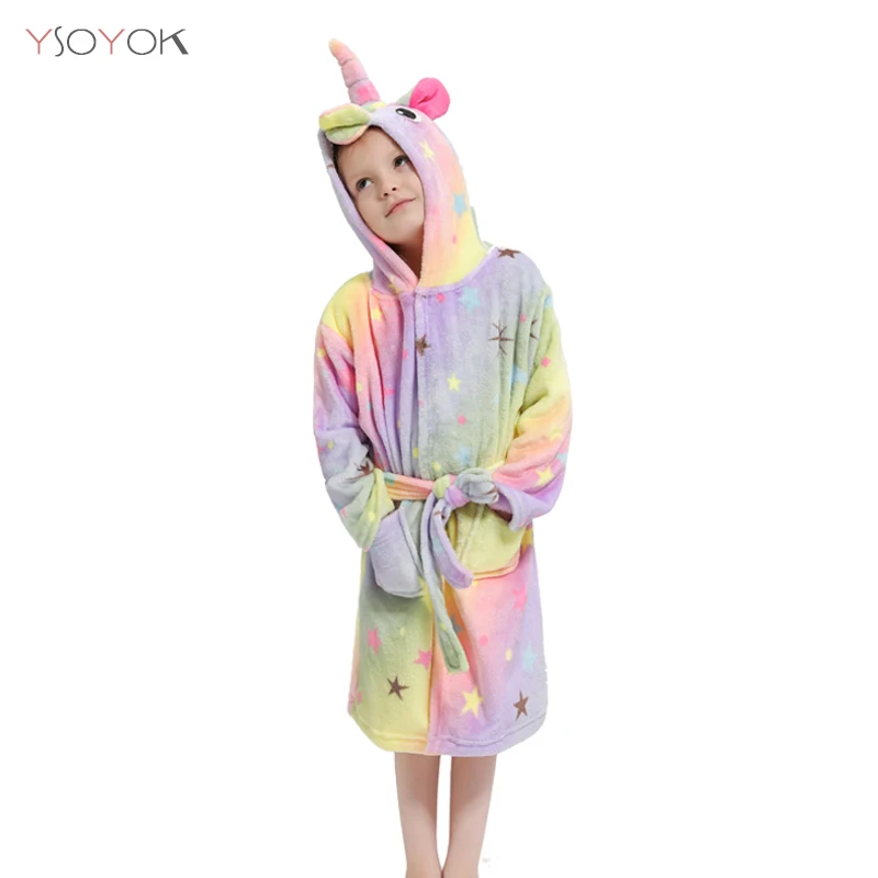 Kigurumi/Детские Банные халаты; детский банный халат с капюшоном и рисунком звезды, радуги, Единорога; пижамы для мальчиков и девочек; ночная рубашка; детская одежда для сна - Цвет: Yellow star unicorn
