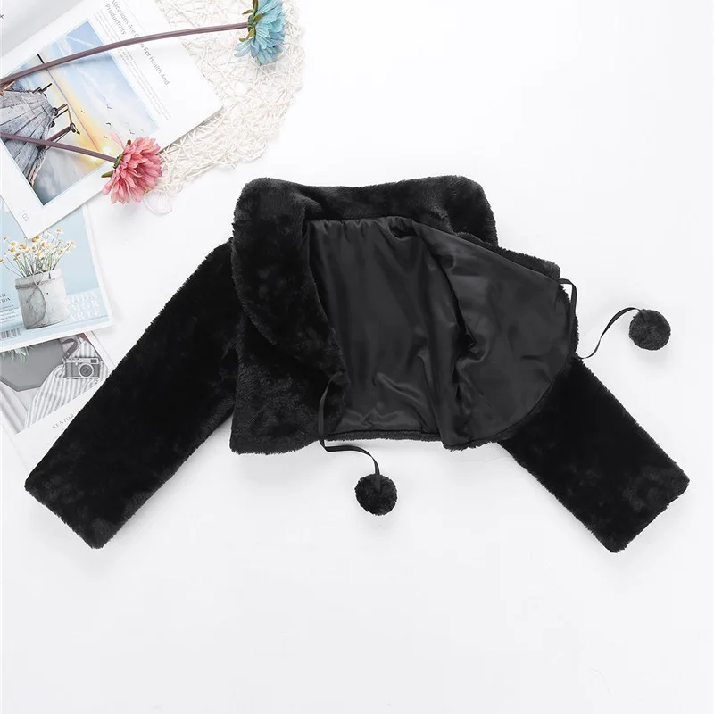 Winter Baby Girls Birthday Faux Fur Long Sleeve Coat With 2 Ribbons Pompon for Flower Girls Dress Jacket Kids Wedding Party Wrap