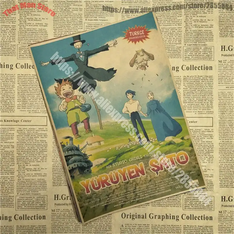 Hayao Miyazaki Comic Howl Moving Castle Moving Castle Kraft Paper Retro Cartoon Comic Poster Bars Cafe Decor Sticker