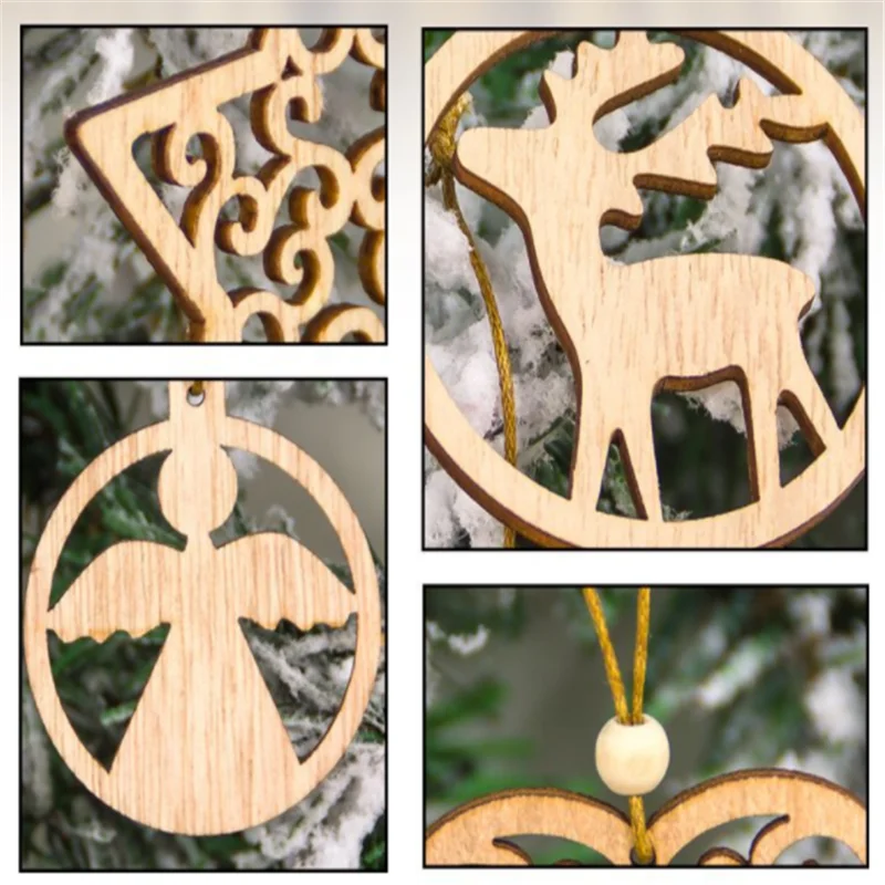 12pcs/set Christmas Natural Wooden Pendants Ornaments DIY Wood Crafts Xmas Tree Ornaments Christmas Party Decorations Kids Gift