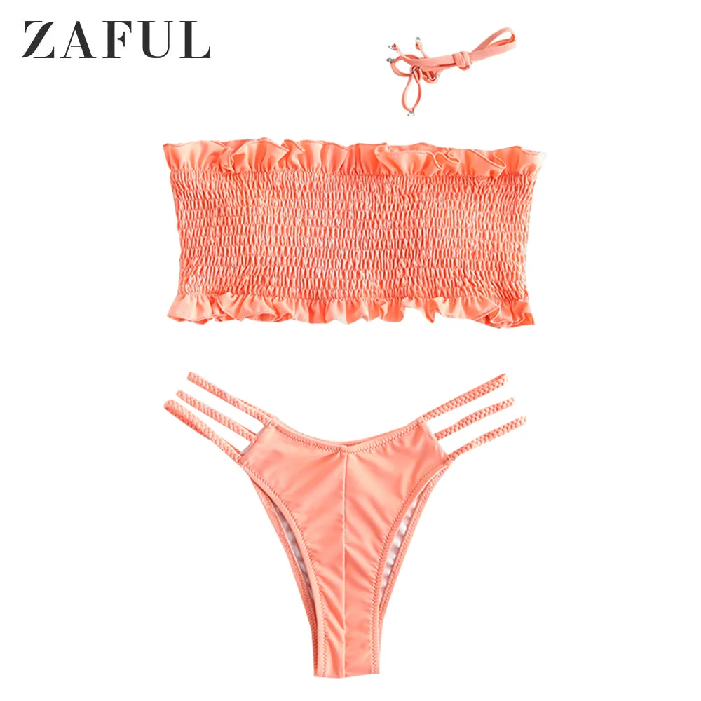 

ZAFUL Shirred Ruffles Braided Bandeau Bikini Set